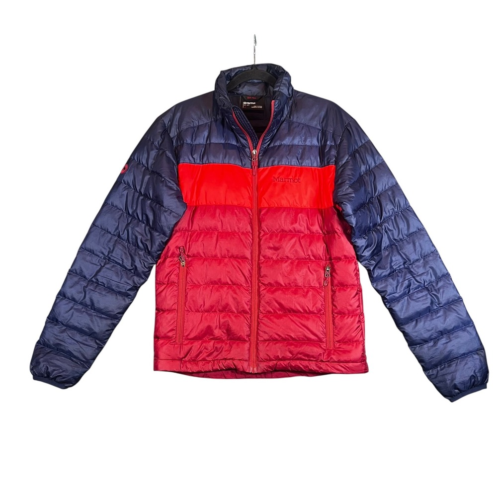 Marmot Mens 600 Fill Down Puffer‎ Jacket Navy Red Colorblock Full Zip Coat Small